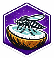 An Aedes aegypti mosquito sipping coconut milk on a starry purple background. See coconatfly and natverse links for the significance of this image.