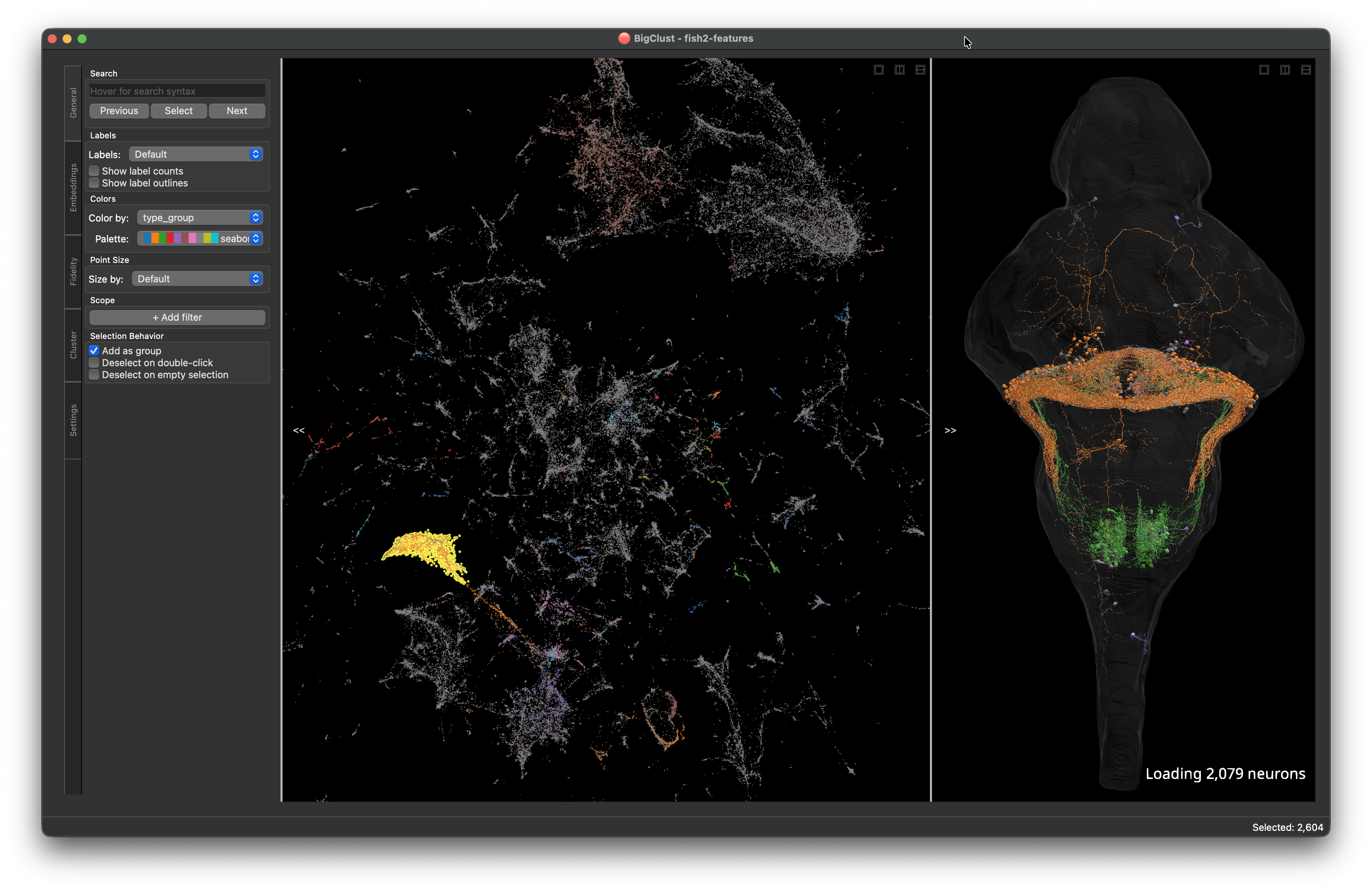 The BigClust window: control panel on the left, scatter plot in the middle, 3D viewer on the right.