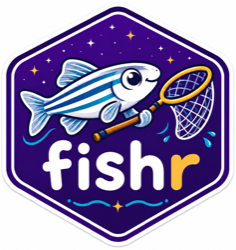 A zebrafish wielding a butterfly net on a starry purple hex background — the fishr package logo.